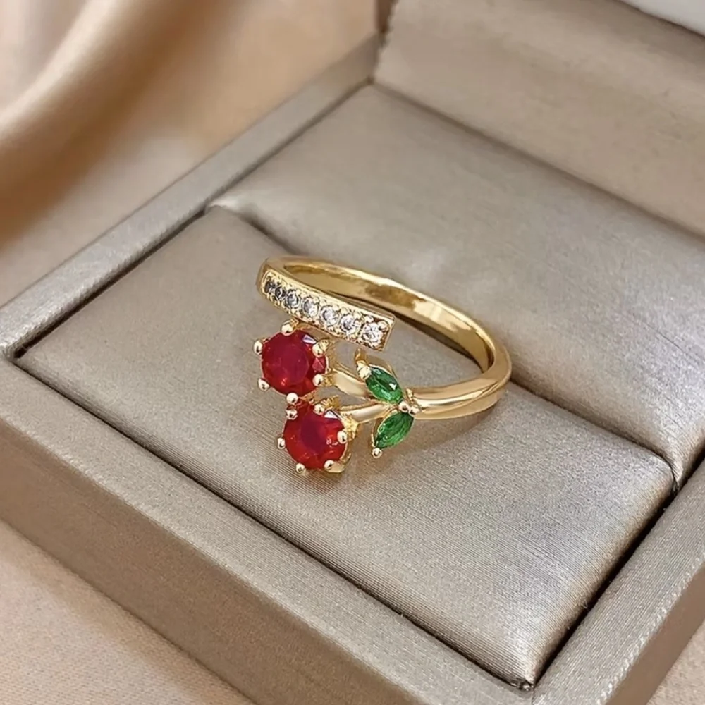 Cherry Ring Gold Plated Moissanite Adjustable Statement Ring Hypoallergenic